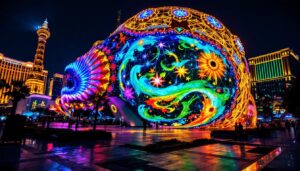A photograph of capture a photograph of the vegas ball building at night
