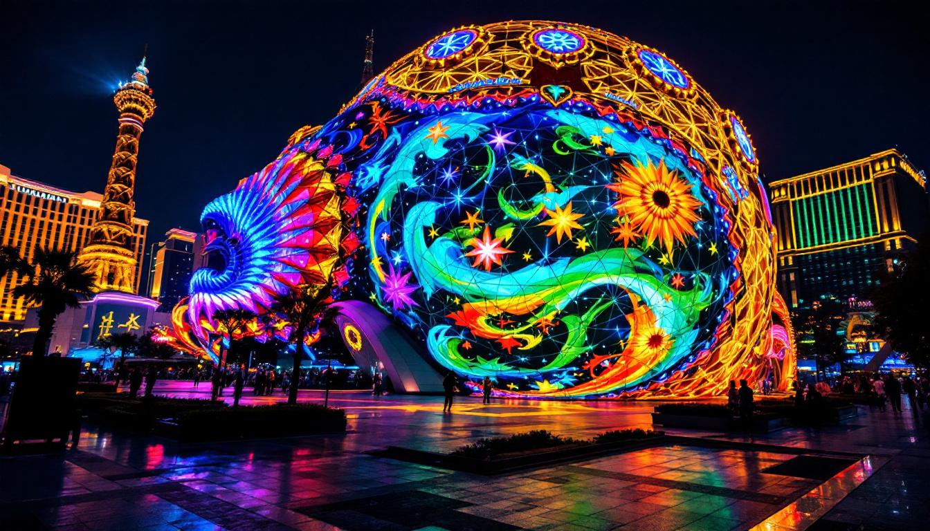A photograph of capture a photograph of the vegas ball building at night