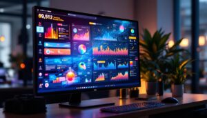 A photograph of a large touch screen computer monitor displaying vibrant graphics and interactive elements