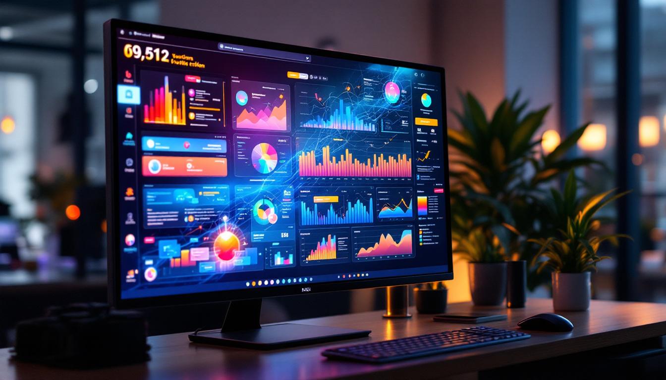 A photograph of a large touch screen computer monitor displaying vibrant graphics and interactive elements