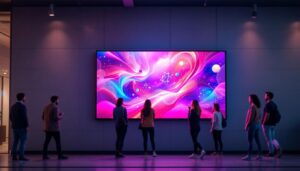 A photograph of a vibrant led display mounted on a modern wall