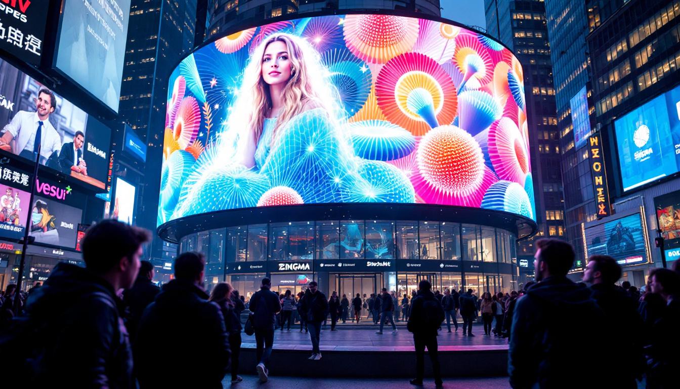 A photograph of capture a photograph of a vibrant led display in a bustling urban environment