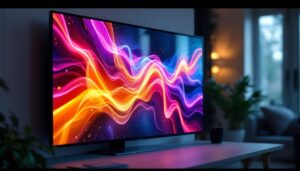 A photograph of capture a photograph of a sleek 65-inch touch screen monitor displaying vibrant led graphics