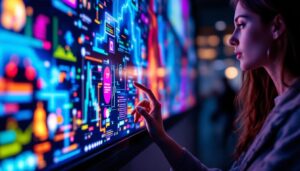 A photograph of a vibrant led touch screen display in action