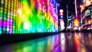 A photograph of a vibrant led display in a bustling urban environment