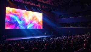 A photograph of a modern auditorium featuring a large led display in action