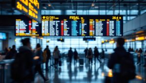 A photograph of a bustling airport terminal featuring a close-up of a vibrant led flight information display board
