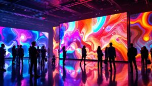 A photograph of a modern led display in a vibrant setting