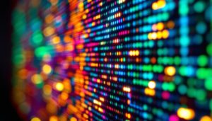 A photograph of a close-up shot of a vibrant led display