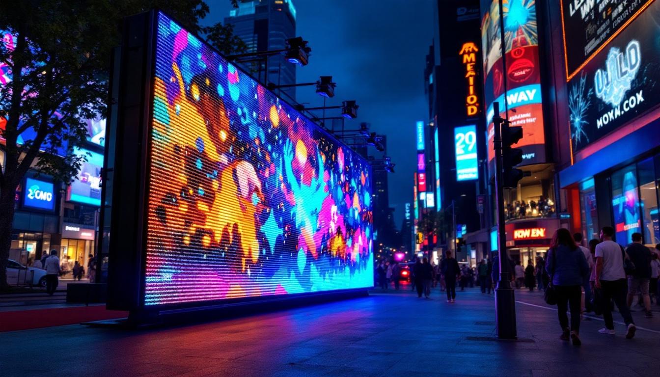 A photograph of a vibrant led display showcasing dynamic visuals or graphics