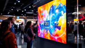 A photograph of capture a photograph of a vibrant retail environment showcasing an led display actively engaging customers with dynamic content