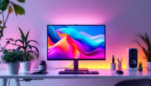 A photograph of a sleek desktop computer setup featuring a vibrant led display