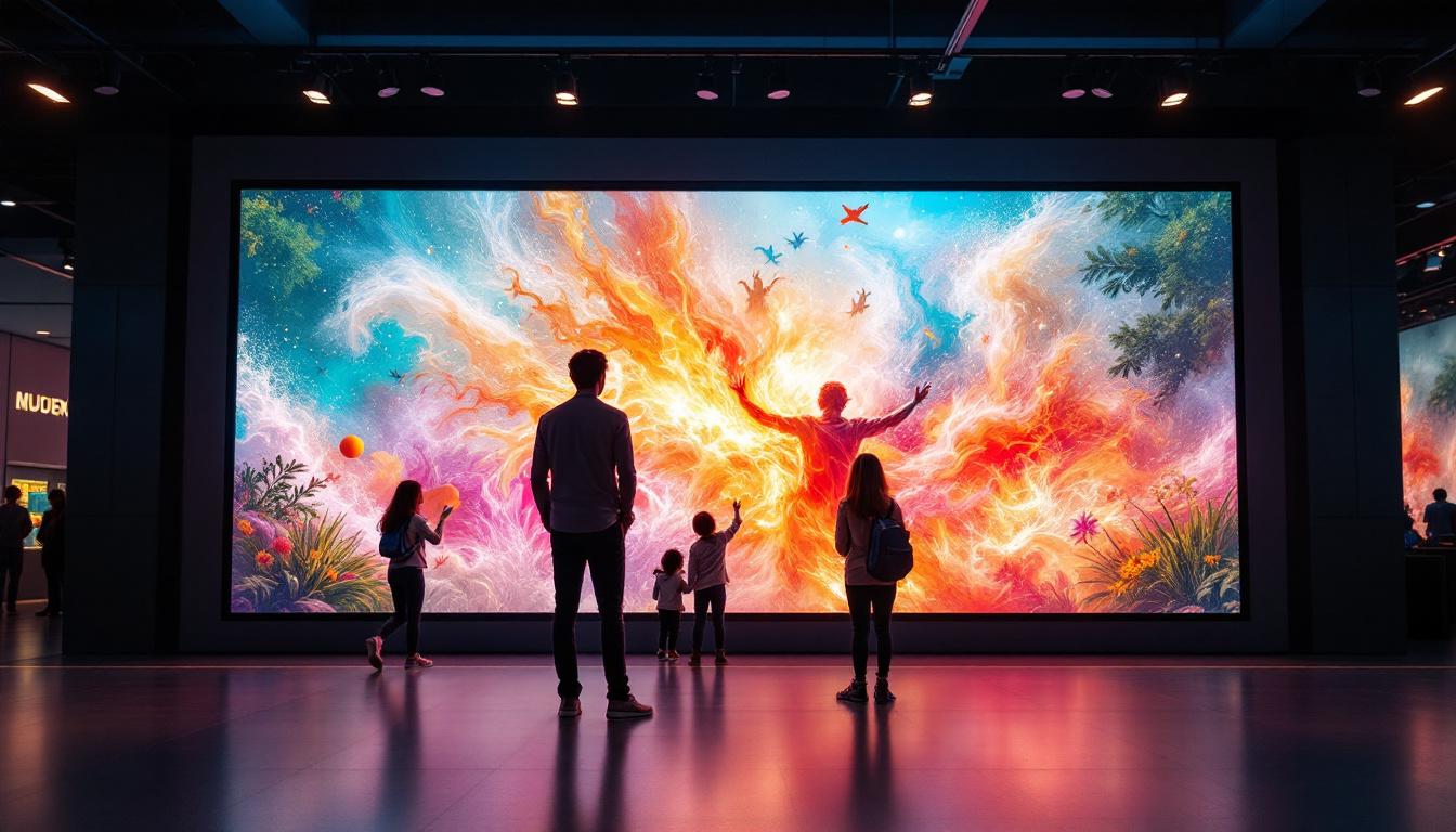 A photograph of a vibrant led display showcasing a dynamic scene
