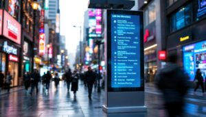 A photograph of capture a photograph of a vibrant led digital directory display in a bustling urban environment