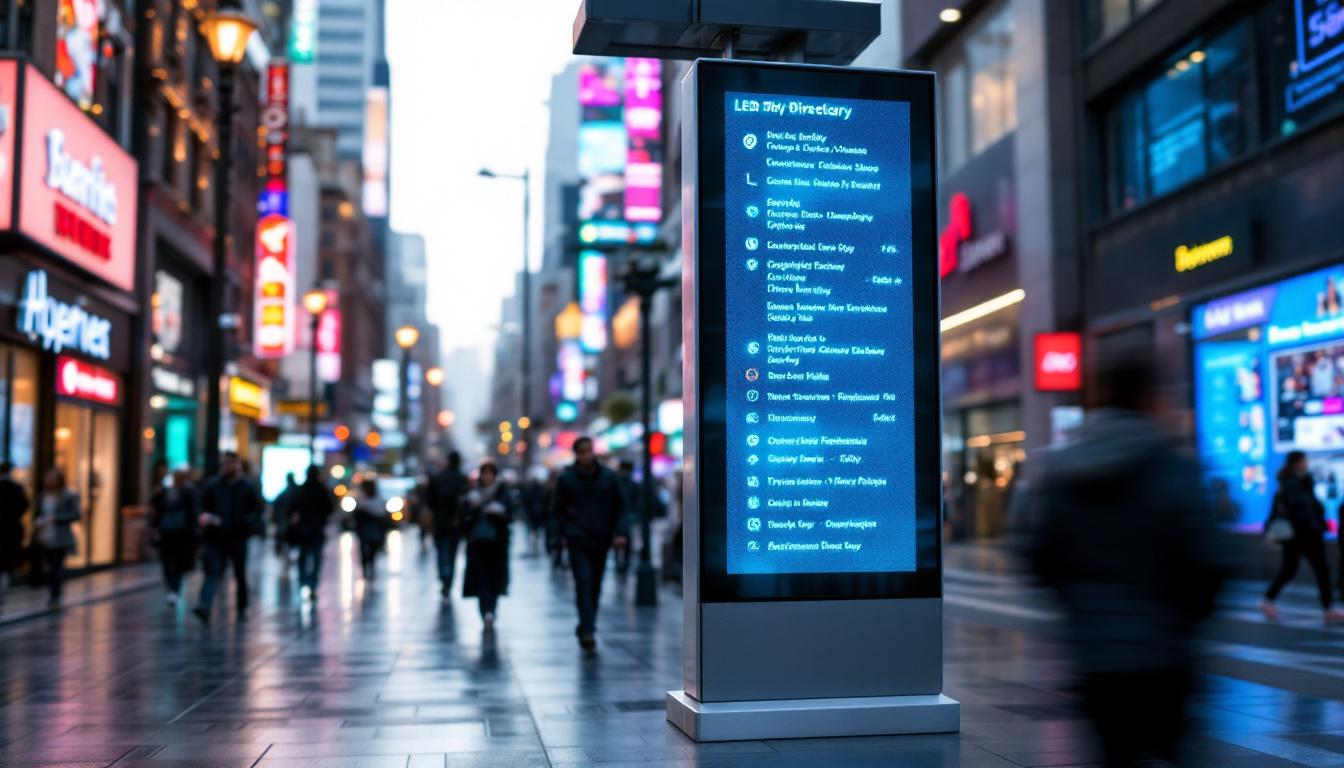 A photograph of capture a photograph of a vibrant led digital directory display in a bustling urban environment