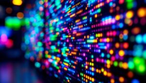 A photograph of a close-up of a vibrant led display showcasing dynamic colors and intricate patterns