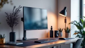 A photograph of a stylish and ergonomic workspace featuring a modern desktop monitor mount