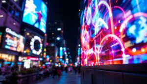 A photograph of a vibrant led display showcasing dynamic graphics or advertisements in an urban setting