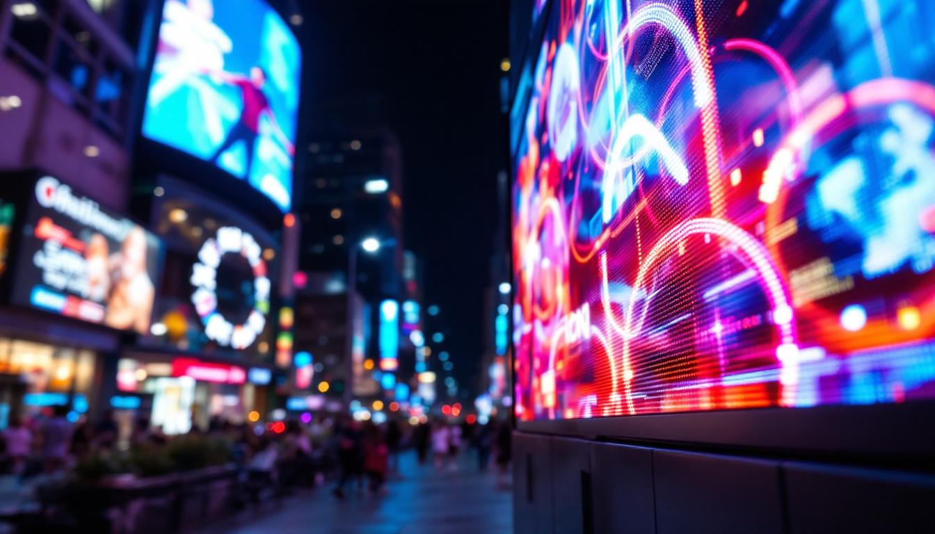 A photograph of a vibrant led display showcasing dynamic graphics or advertisements in an urban setting