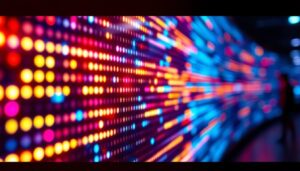 A photograph of a vibrant led display showcasing a dynamic visual pattern or colorful animation