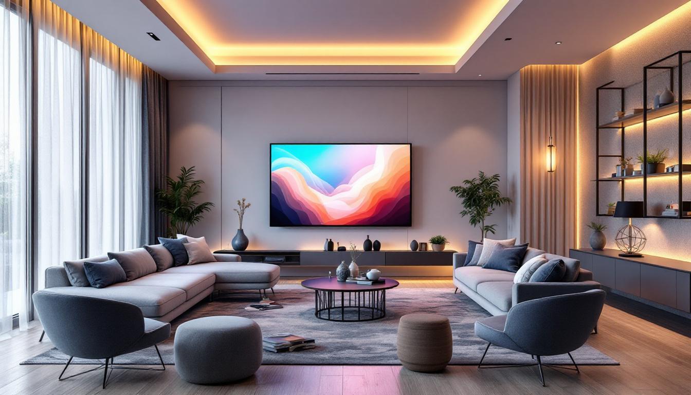 A photograph of a stylish long rectangular living room featuring a modern led display