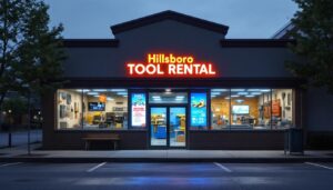 A photograph of capture a photograph of a well-lit hillsboro tool rental storefront featuring an eye-catching led display