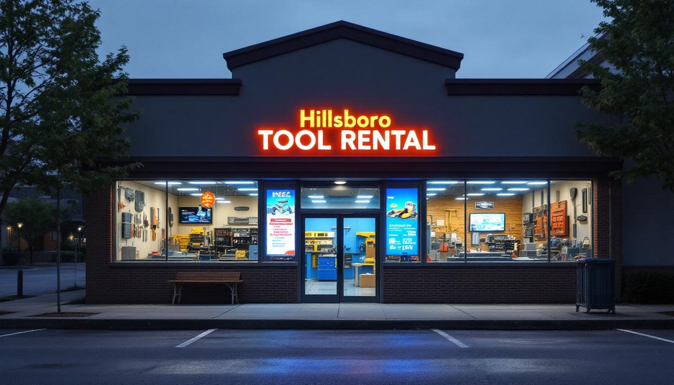 A photograph of capture a photograph of a well-lit hillsboro tool rental storefront featuring an eye-catching led display