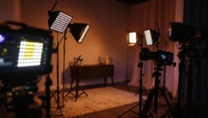 A photograph of a well-lit photography setup featuring various cheap led video lights illuminating a subject