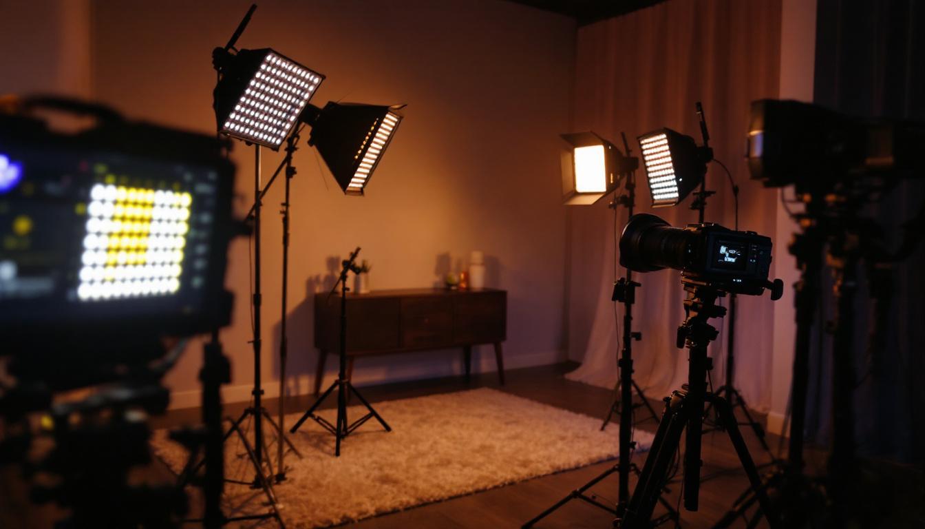A photograph of a well-lit photography setup featuring various cheap led video lights illuminating a subject