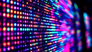 A photograph of a close-up shot of a vibrant led display in action