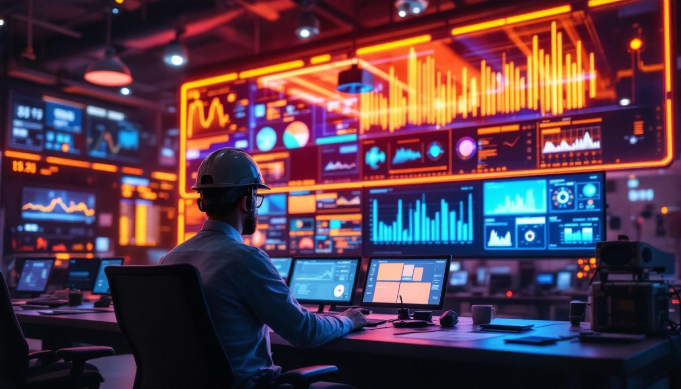 A photograph of a modern industrial control room featuring a large led display