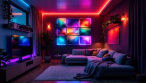 A photograph of a modern mobile home interior showcasing vibrant led wall panels