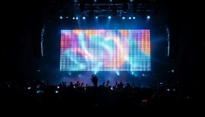 A photograph of capture a photograph of a vibrant concert scene featuring a dynamic led display in the background