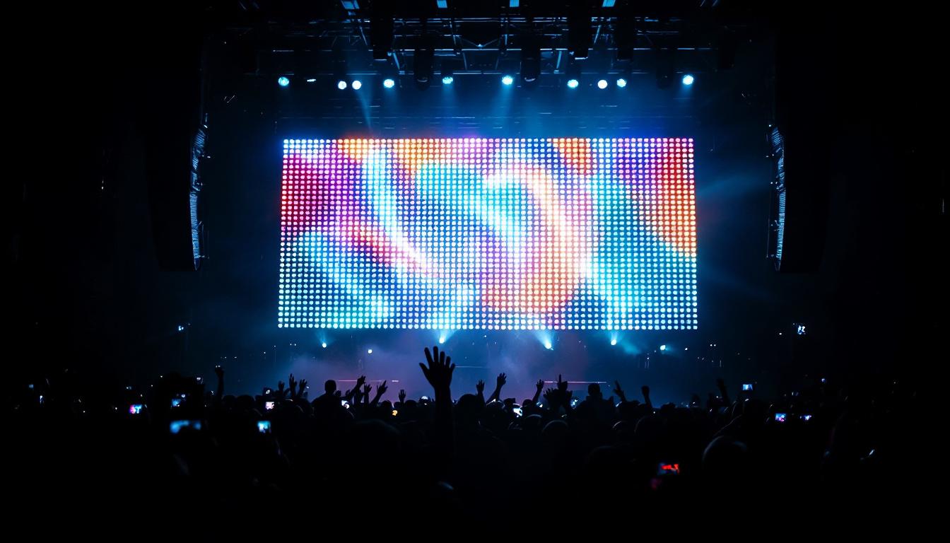 A photograph of capture a photograph of a vibrant concert scene featuring a dynamic led display in the background