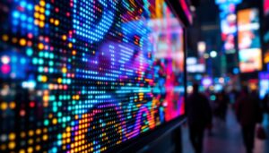 A photograph of a vibrant led display in a bustling urban setting
