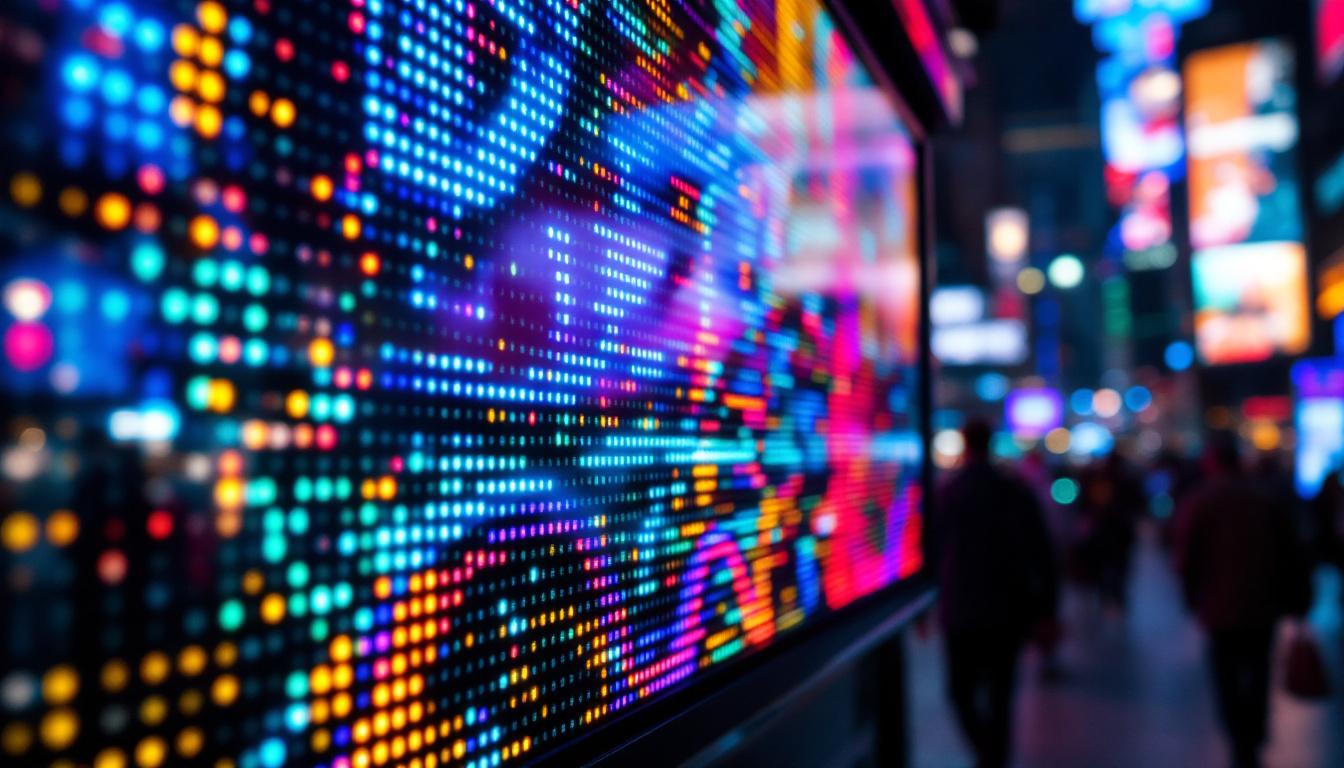 A photograph of a vibrant led display in a bustling urban setting