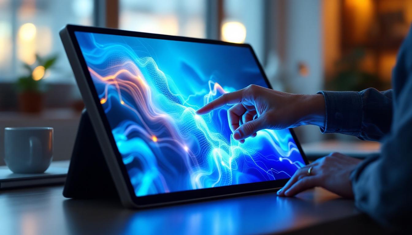 A photograph of a sleek portable touch monitor in use