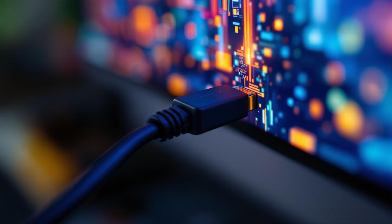 A photograph of a close-up shot of a displayport 1.4 connection being used to connect a high-resolution led display