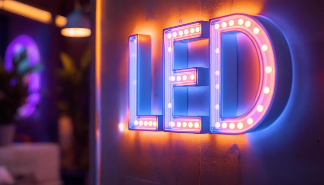 A photograph of a vibrant custom led logo sign illuminated in a stylish setting