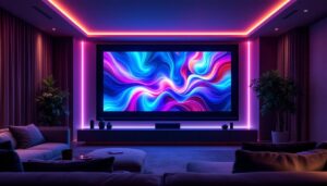 A photograph of a luxurious home theater setup featuring a high-end projector screen displaying vibrant led visuals
