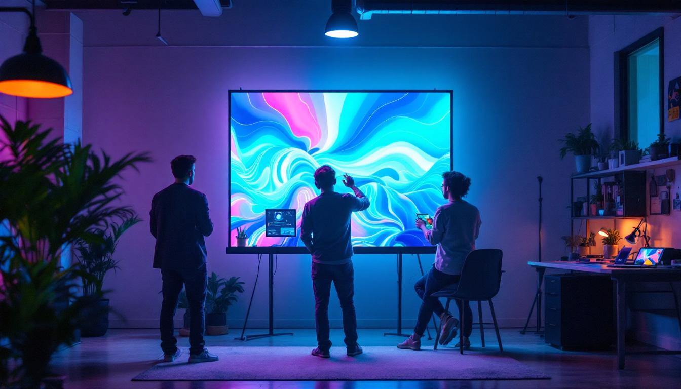 A photograph of a portable design wall featuring a vibrant led display in a creative workspace