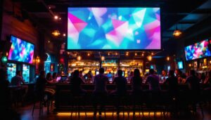 A photograph of a vibrant beaverton bar scene featuring an eye-catching led display