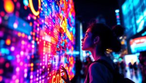 A photograph of a vibrant led display in an urban setting