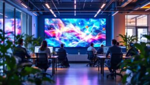 A photograph of a modern flex office space featuring a vibrant led display