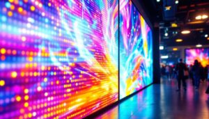 A photograph of a vibrant led display showcasing dynamic visuals and colors