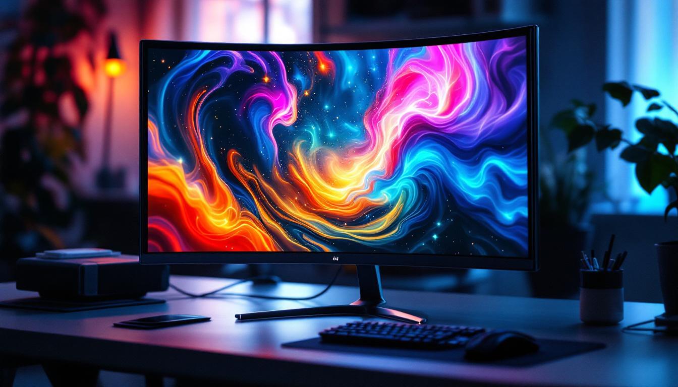 A photograph of a sleek micro center curved monitor in a well-lit workspace