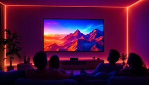 A photograph of a well-lit home theater setup showcasing a 16:9 projector screen in use