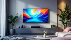 A photograph of a modern living room featuring a sleek led display mounted on a stylish design wall