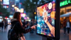 A photograph of a vibrant outdoor touch screen kiosk featuring a clear led display