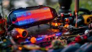 A photograph of a well-organized planer board setup featuring an led display